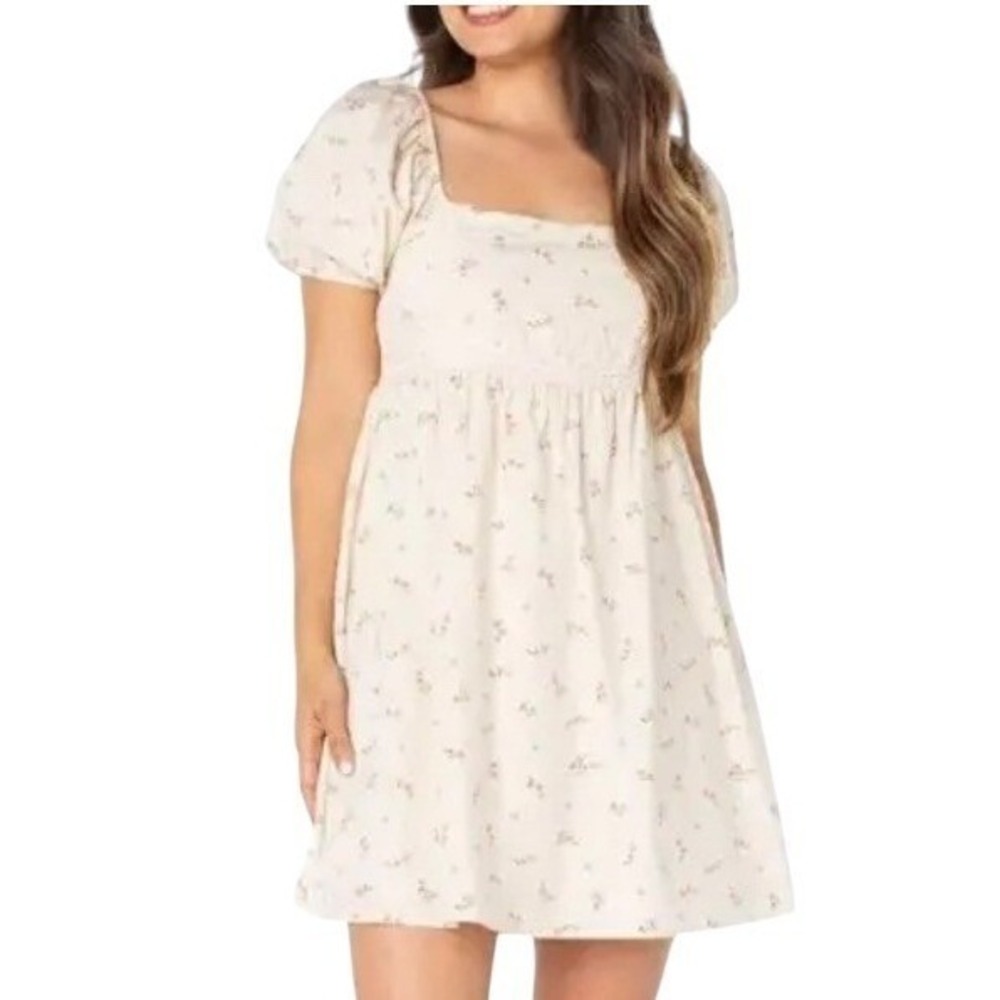 Celebrity Pink Floral Mini Dress Women Medium Cream Puff Sleeve Cottagecore Boho